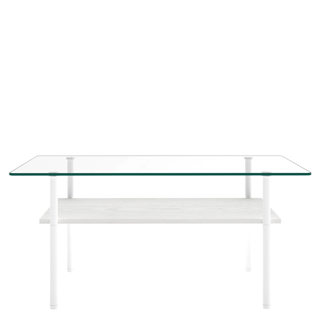 Tavolino da caffè 98x58x45 cm con piano in vetro temperato e ripiano in MDF; metallo bianco