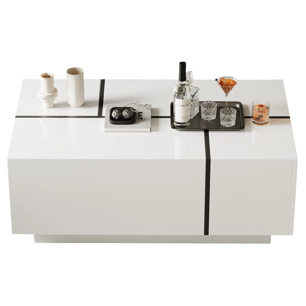 Tavolino da caffè moderno 100x60x40 cm in truciolare bianco e nero; 4 cassetti; piano lucido