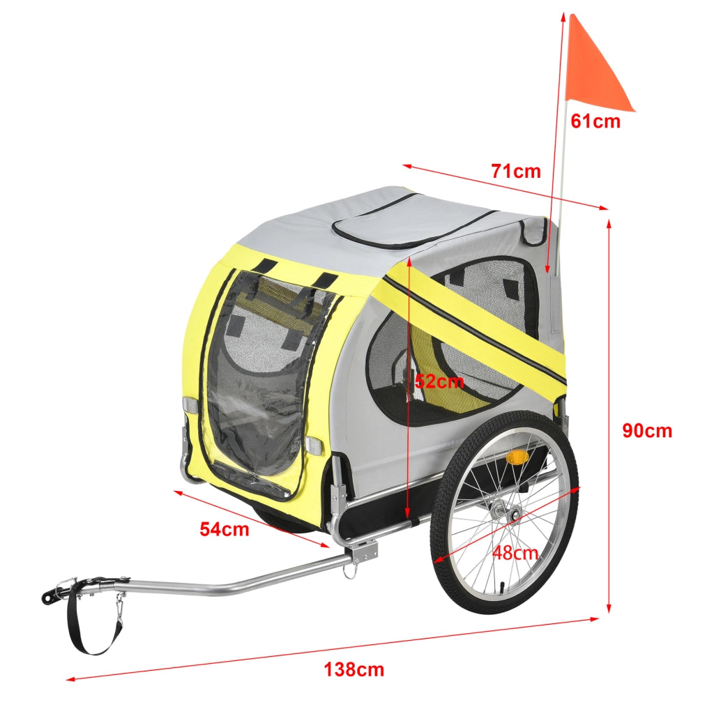 Rimorchio per Bicicletta per Trasporto Cani 138 x 71 x 90 cm Carrello per Trasporto Animali Domestici Carico Max.26 kg - Giallo-Griggio-Nero
