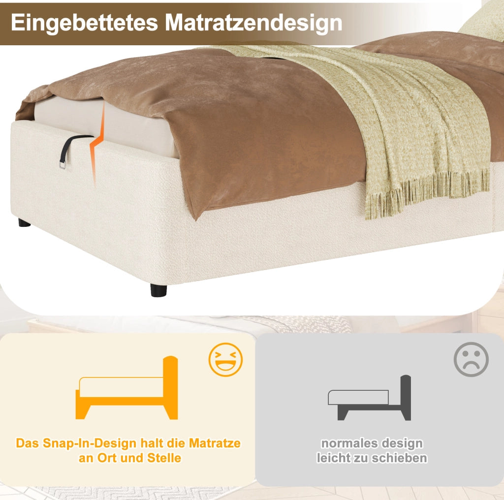 Letto imbottito per bambini con contenitore idraulico; rete a doghe; bouclé beige