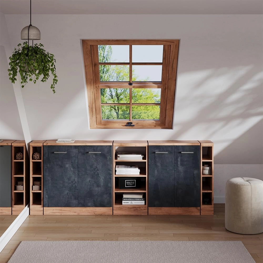 Set di mobili sottotetto Rion, Calcestruzzo nero, 210 cm Set di 5 carcasse armadio profondità 60 cm, adatto per il salvaspazio sotto tetti spioventi