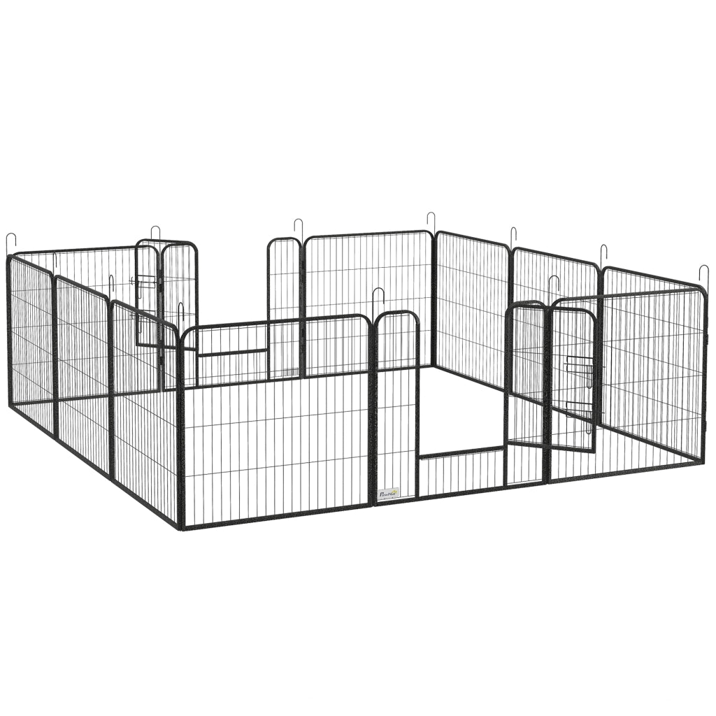 Area giochi configurabile per cani con 12 pannelli e 2 porte pieghevole per interni ed esterni in acciaio grigio