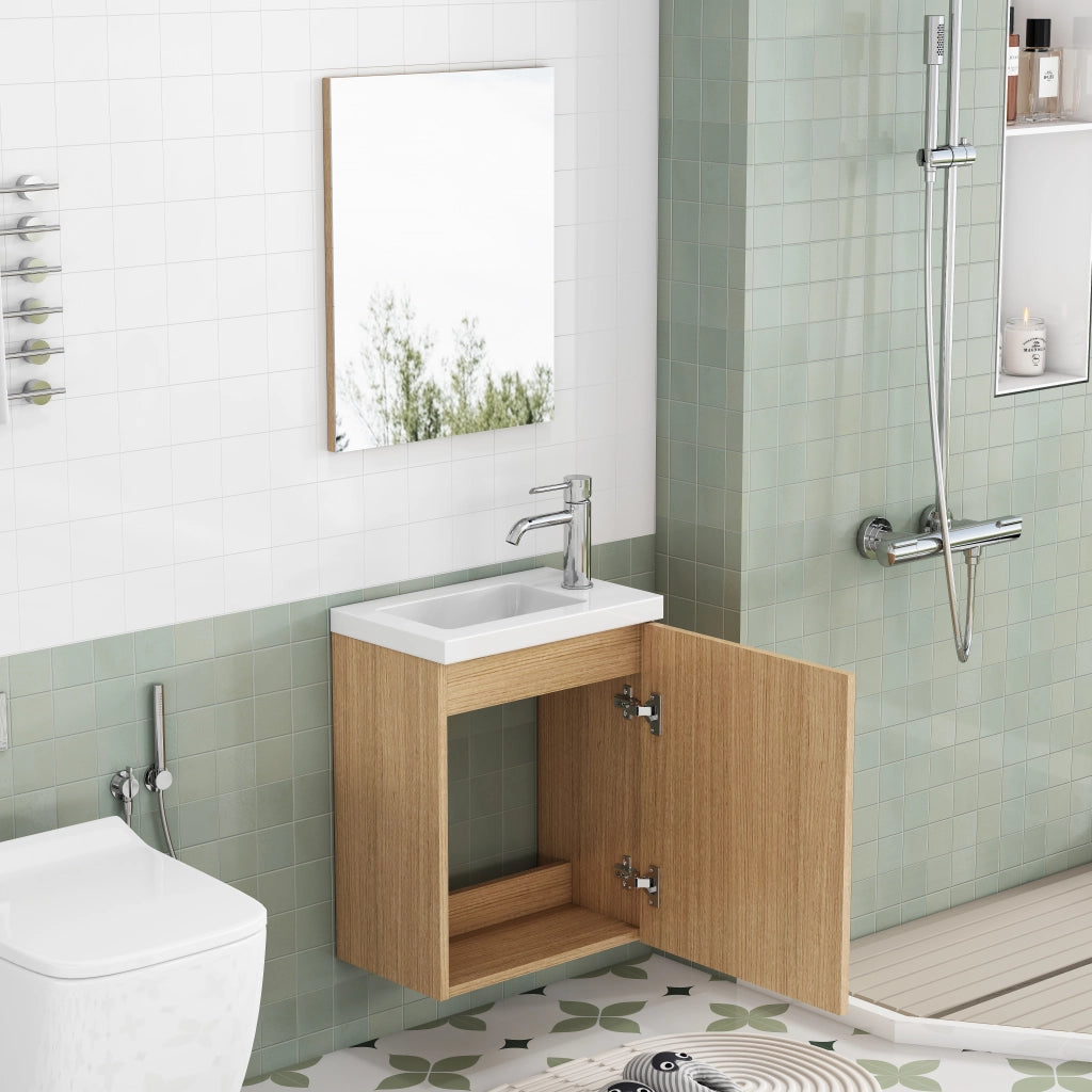 Mobiletto da bagno a parete con lavabo in ceramica e specchio, maniglie in metallo, cerniere con chiusura ammortizzata, completamente preassemblato,