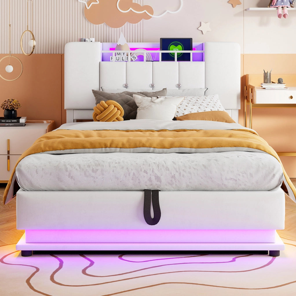 Letto imbottito per bambini con LED, USB e vano contenitore idraulico