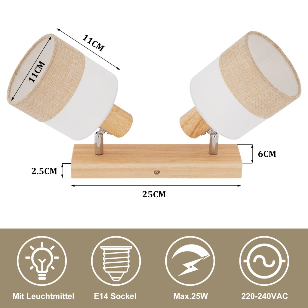 ZMH Faretto da soffitto vintage 2 luci E14 legno tessuto orientabili 350° max 25W senza lampadina