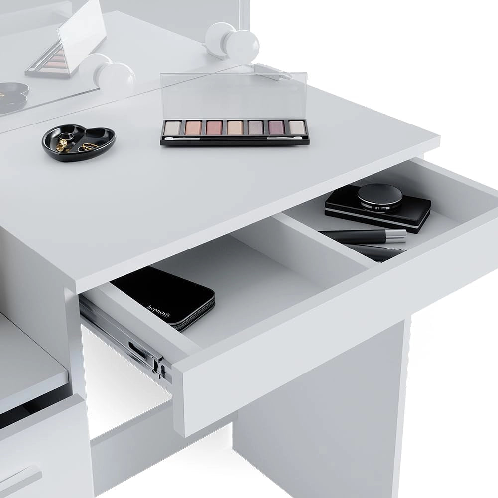Tavolo da toeletta Meryl, Bianco, 80 cm con illuminazione LED e sgabello, adatto per truccarsi, acconciarsi e conservare cosmetici