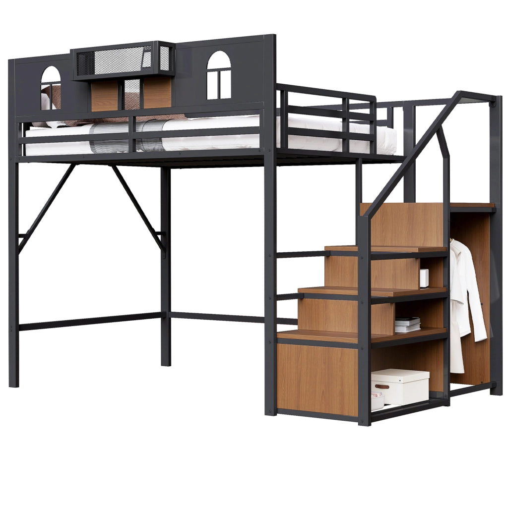 Letto a soppalco 140x200 cm con scaletta contenitore e mensola in metallo nero