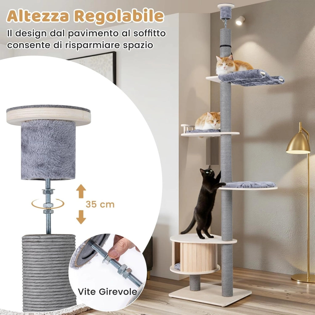 Albero per Gatti a 5 Piani, Tiragraffi per Gatti in Legno con Altezza Regolabile, Piattaforme, Condo, Tiragraffi, Piattaforme e Cuscini, Mobile da Interno per Gattini per Arrampicata