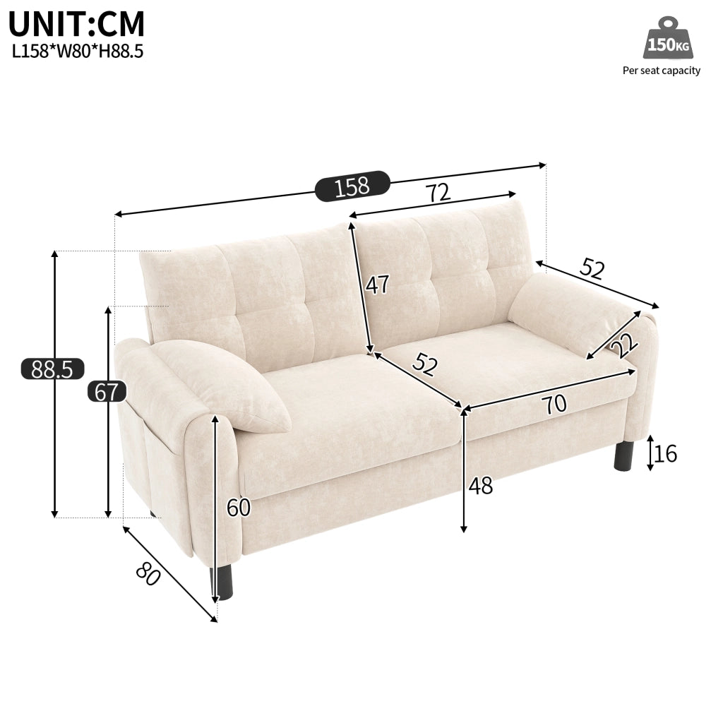 Divano a 2 posti modulare in chenille beige con tasche laterali e 2 cuscini 158 × 80 × 88.5 cm
