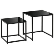 Set 2 Tavolini da Salotto Quadrati  Moderni, in Acciaio e Vetro Temperato, Nero