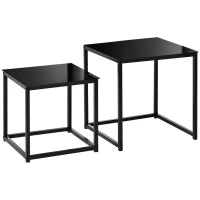 Set 2 Tavolini da Salotto Quadrati  Moderni, in Acciaio e Vetro Temperato, Nero