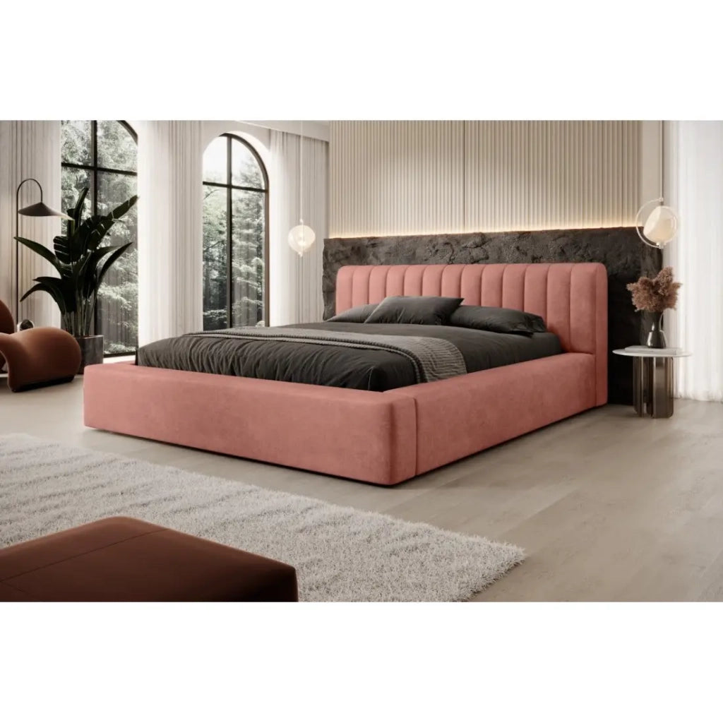 Letto contenitore CERVIN – Velluto morbido Ocre rosato – 180x200 cm – Rete sollevabile – Design elegante