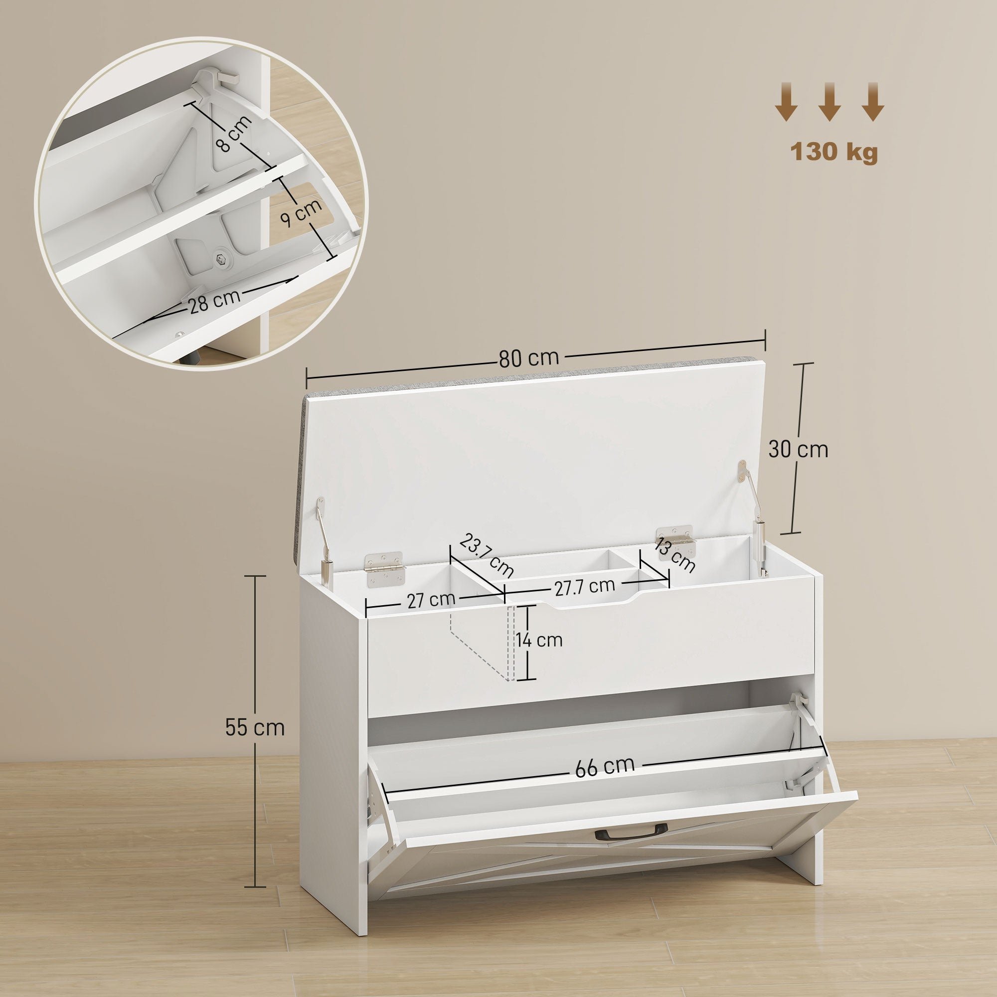 Panca Scarpiera 80x30x55 cm per 8 Paia di Scarpe con Cassetto Ribaltabile e Contenitore Bianco