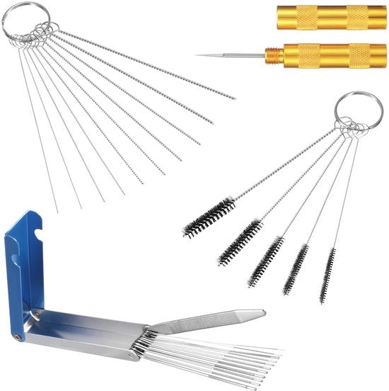 Set di pulizia carburatore, diverse misure, pulitore carburatore, spazzola a carbonio, 13 fili di pulizia, 10 aghi di pulizia, 5 setole in nylon, 1 plettro appuntito