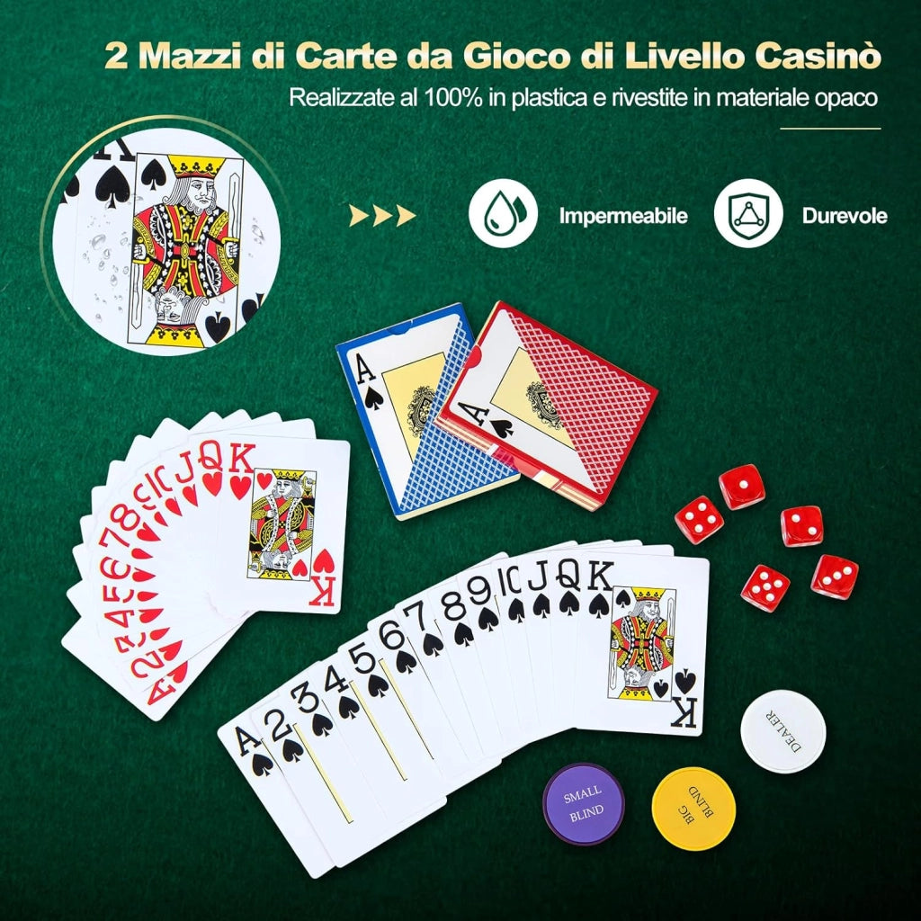 Poker Chips, Set di Fiches da Poker con 500/300 Chips e Custodia in Alluminio, Mazzo di Carte 5 Dadi, Set di Fiches per Party Viaggi e Feste (500 chips)