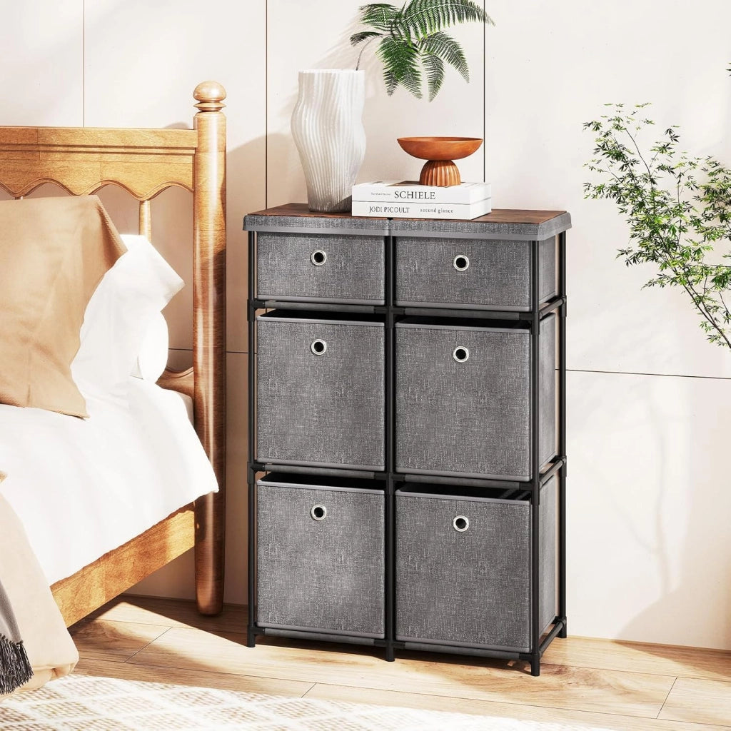 Comò con 6 Cassetti, Cassettiera in Tessuto con Struttura in Metallo e Legno, Armadietto Portaoggetti Salvaspazio, per Soggiorno, Camera da Letto e Corridoio (58 x 29 x 84 cm,Grigio)