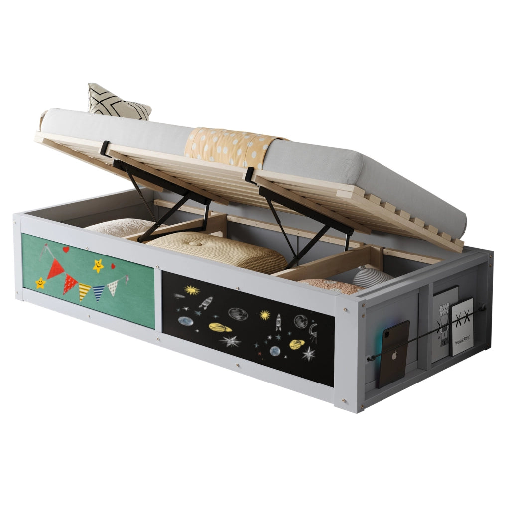 Letto per bambini 90x200 cm con contenitore idraulico; lavagna e spazio libri in legno grigio