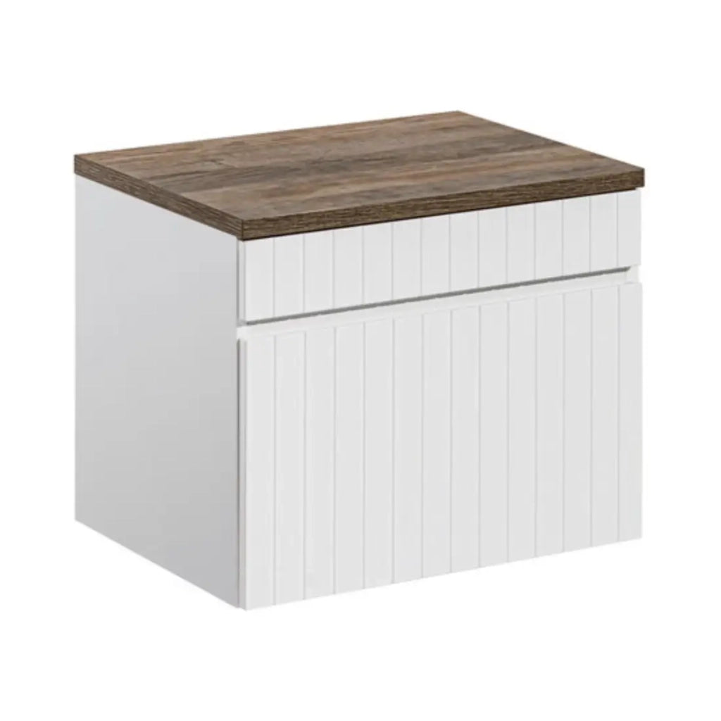 Insieme ICON bianco : mobile sotto lavabo 60cm + piano per lavabo in aspetto legno scuro