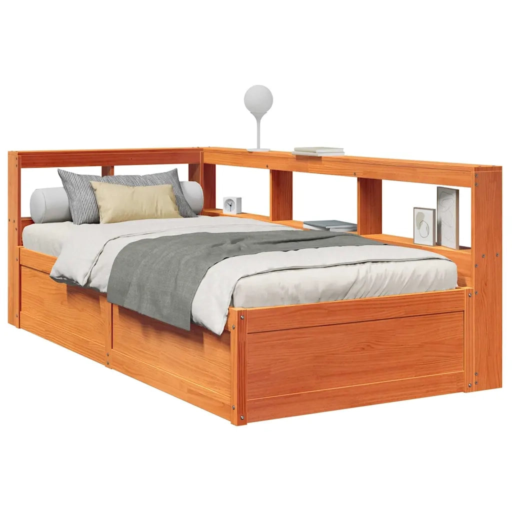 Letto Libreria senza Materasso-Struttura Letto con contenitore Marrone Cera 90x200 cm in Pino 584375