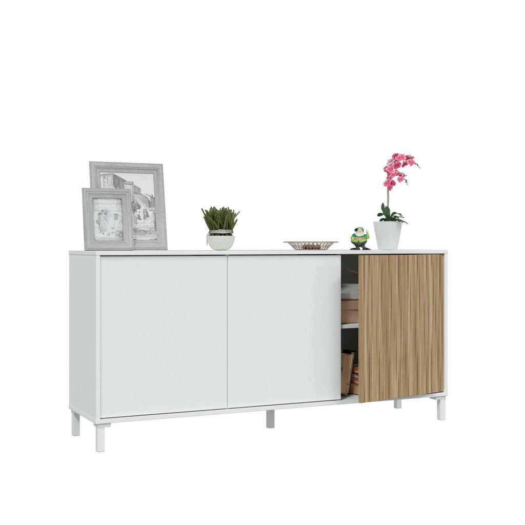 Credenza Ametista, Buffet da soggiorno a 3 ante, Madia moderna da salotto, 154x40h74 cm, Bianco