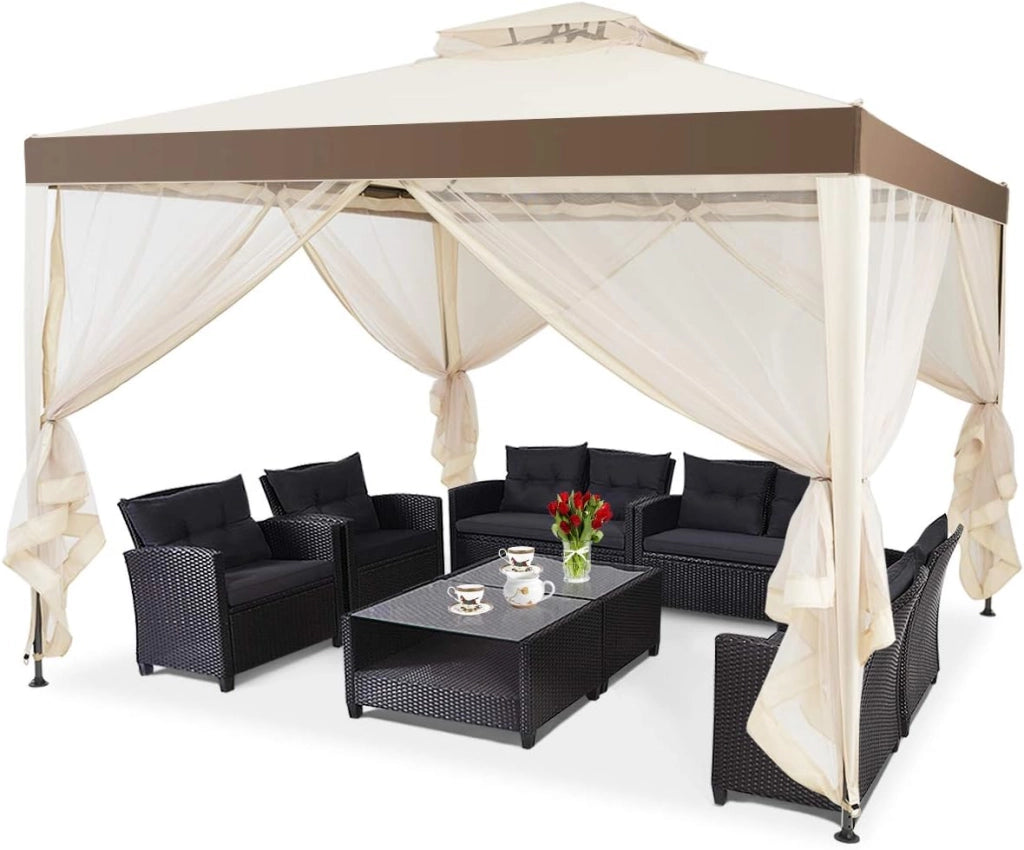 Gazebo da 3 x 3 m, con Doppio Tetto, Tenda da Giardino con Tenda e Pannelli Laterali e Rete, in Metallo, Tenda Gazebo da Esterno Impermeabile e Stabile, Beige