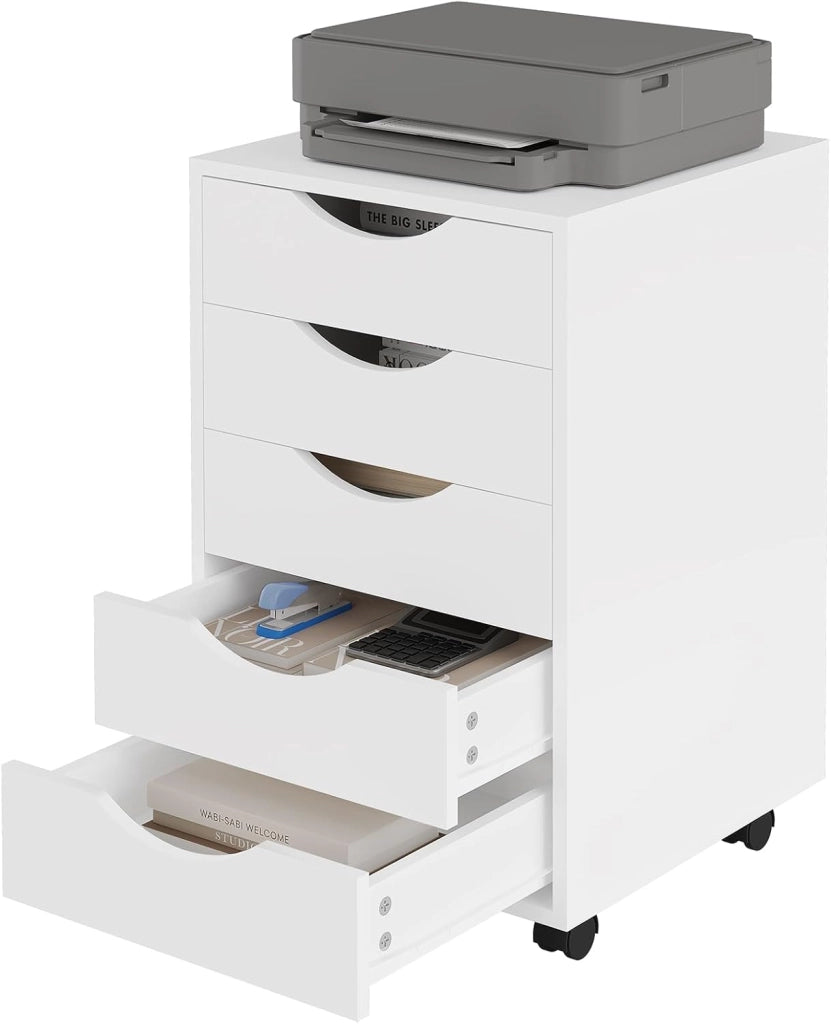 Scrivania a Piedistallo con 5 Cassetti, Schedario Rotante, Comodino, Mobile per Ufficio, Camera da Letto, in Legno Ingegnerizzato PB, Bianco, 40x40x66,5cm, ASK14ws
