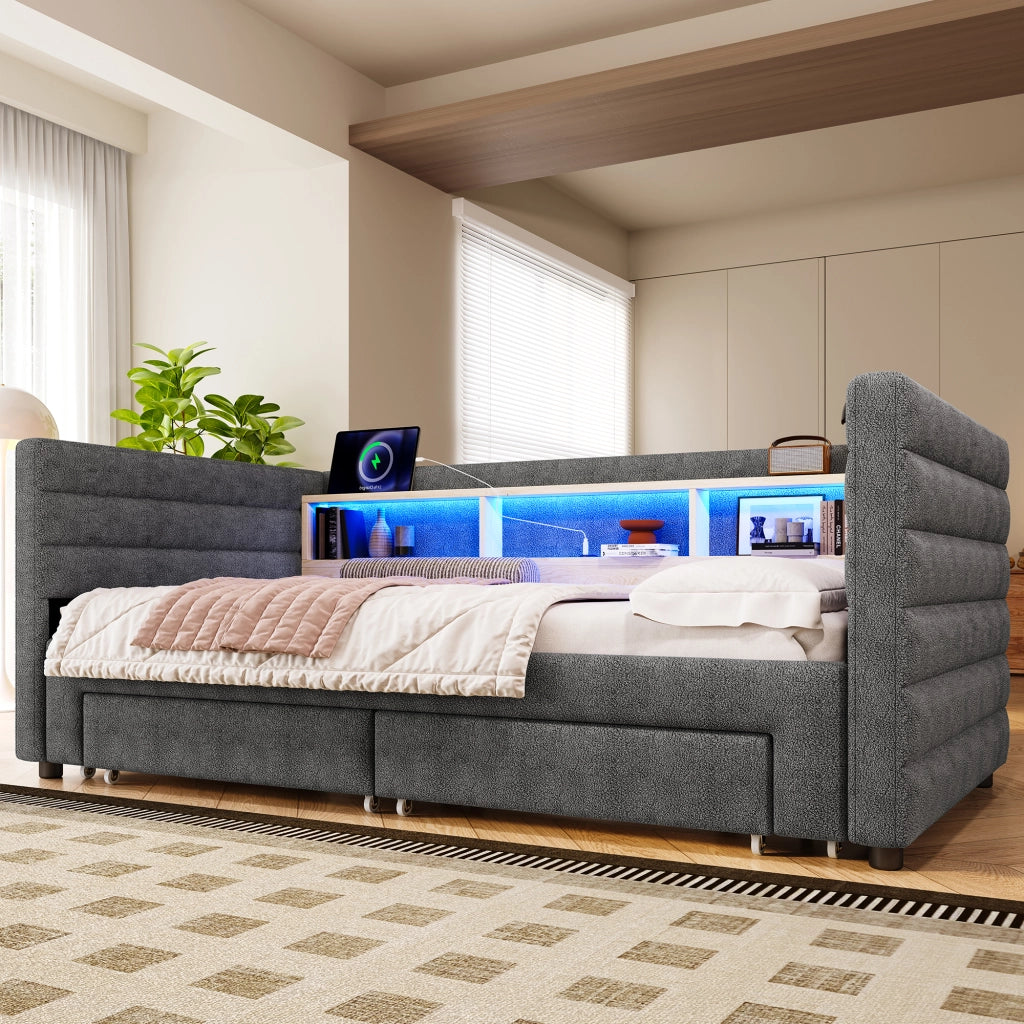 OKWISH Letto a Scomparsa 90×190 cm, Letto Singolo con USB, Tipo C, 2 Cassetti, Vani e LED, senza Materasso, in Velluto, Grigio