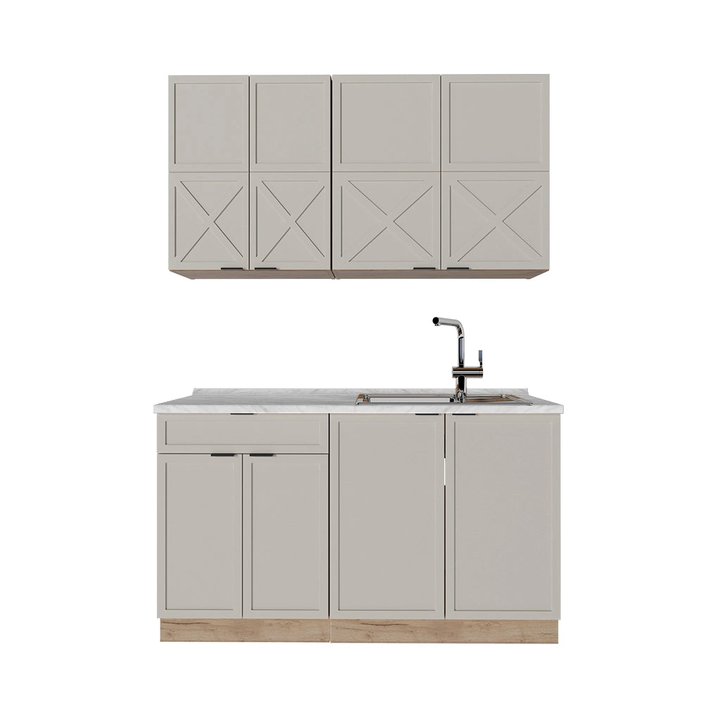 Cucina completa Fame-Line GrigioBeige/Rovere dorato 140 cm, PL Marmo Vicco