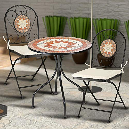 Set Tavolo + Sedie Pieghevoli Mosaico Arredo Esterno Giardino Metall Con Cuscino