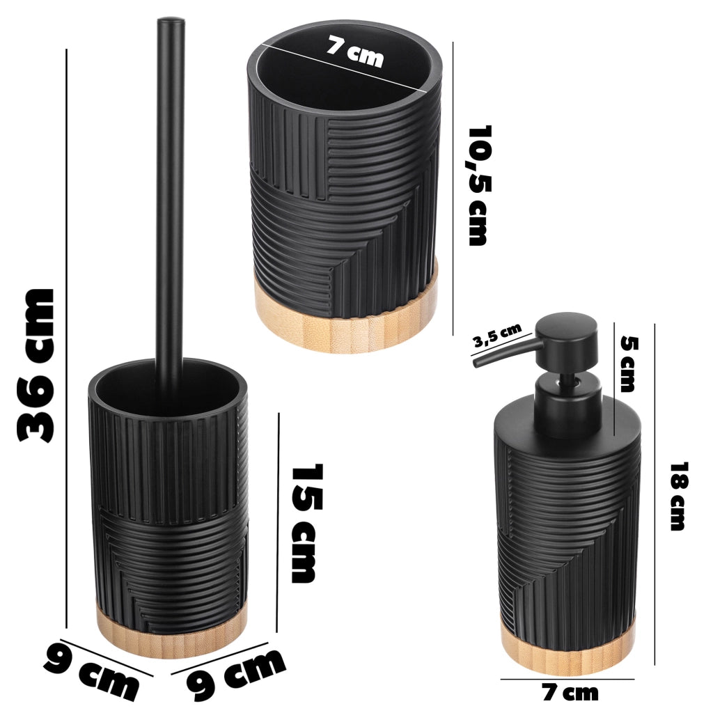 Set da bagno KADAX: scopino da bagno, dispenser per WC, bicchiere, legno nero, 3 in 1