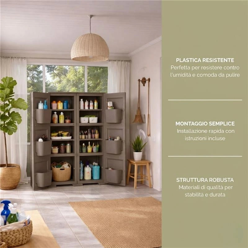 MOBILE MULTIUSO 2 ANTE WENGÉ 79X43X125 CM CON 3 MODULI E 6 TASCHE LATERALI – CONTENITORE VERTICALE SALVASPAZIO PER ORGANIZZAZIONE CASA