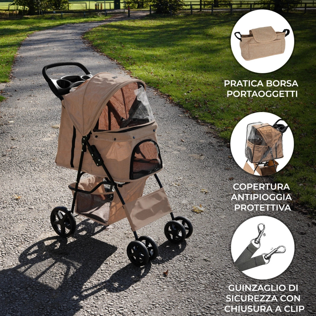 Passeggino per animali Beige con Borsa Organizer Pieghevole da Viaggio per Cani
