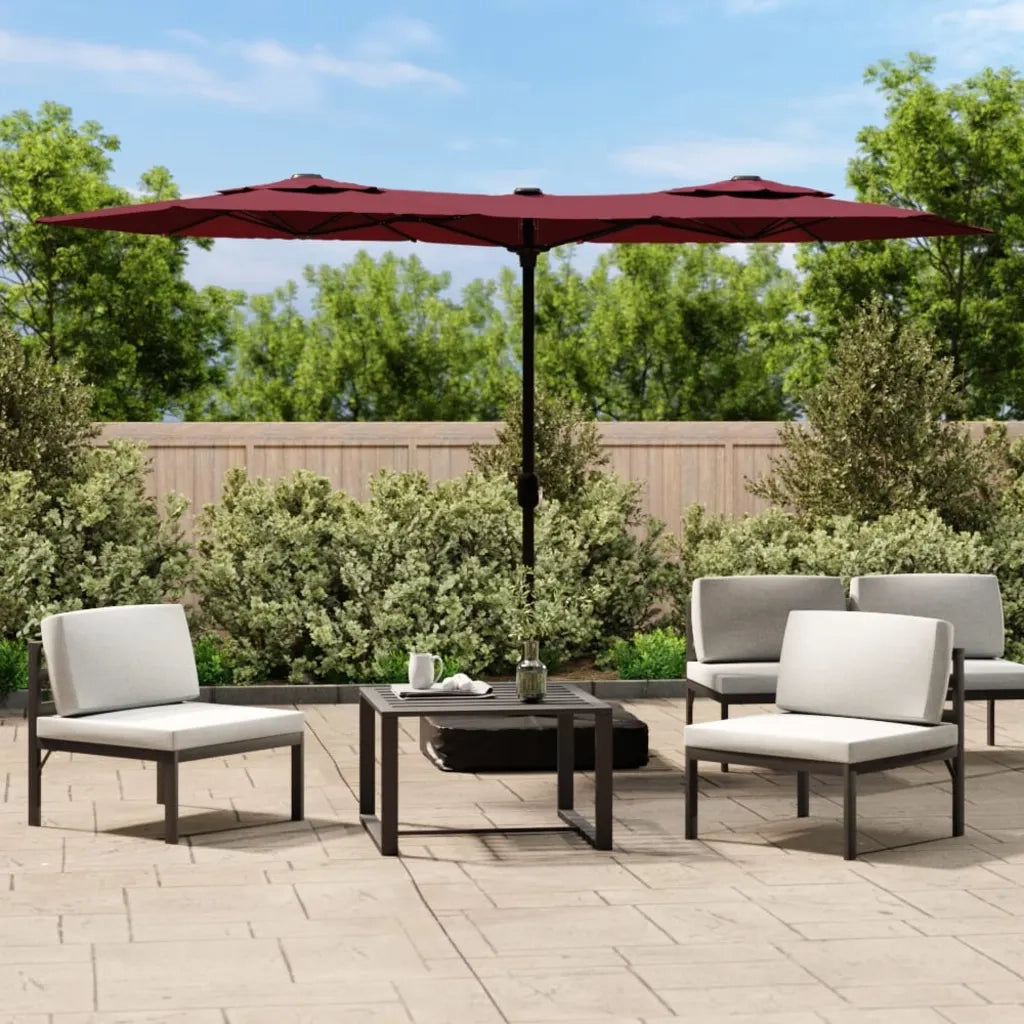 Ombrellone a Doppia Testa con LED Rosso Bordeaux 316x145 cm 362973