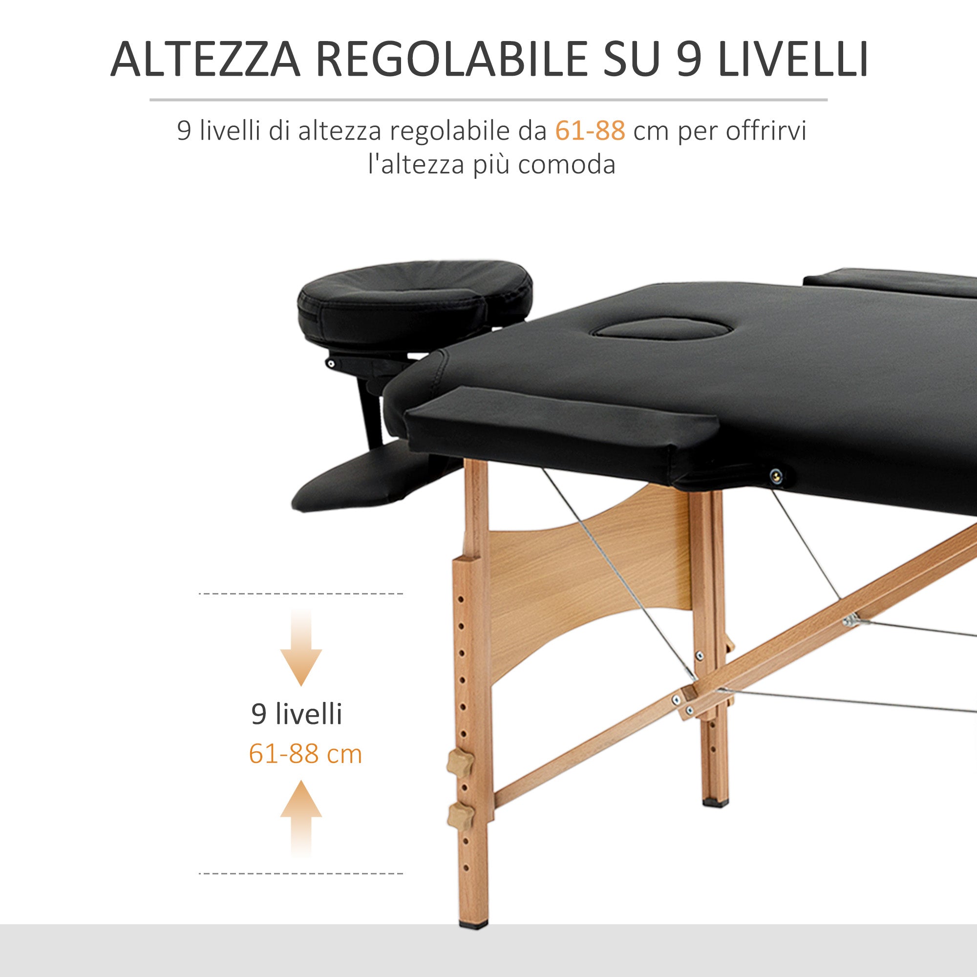 Lettino Massaggi Portatile Pieghevole 185x60x61-88 cm in Legno e Similpelle Nero