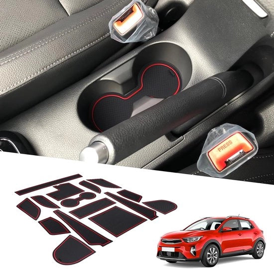 Accessori di protezione antiscivolo per Kia Stonic 2018-2025, set di 15 pezzi, composto da: 

- Antiscivolo per console centrale
- Supporto braccio in gomma
- Porta bicchiere
- Maniglia antiscivolo
- Antiscivolo per sportello porta bagagli