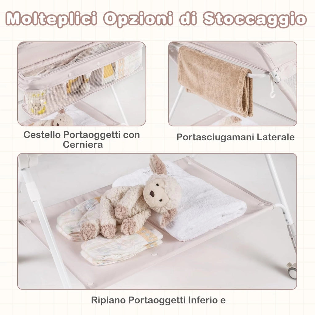 Fasciatoio Pieghevole per Bambini, Fasciatoio Portatile con Altezza Regolabile a 3 Livelli, Fasciatoio Neonato con Ruote di Bloccabili, Ripiano, Porta Asciugamani, per 0-12 Mesi (Beige)
