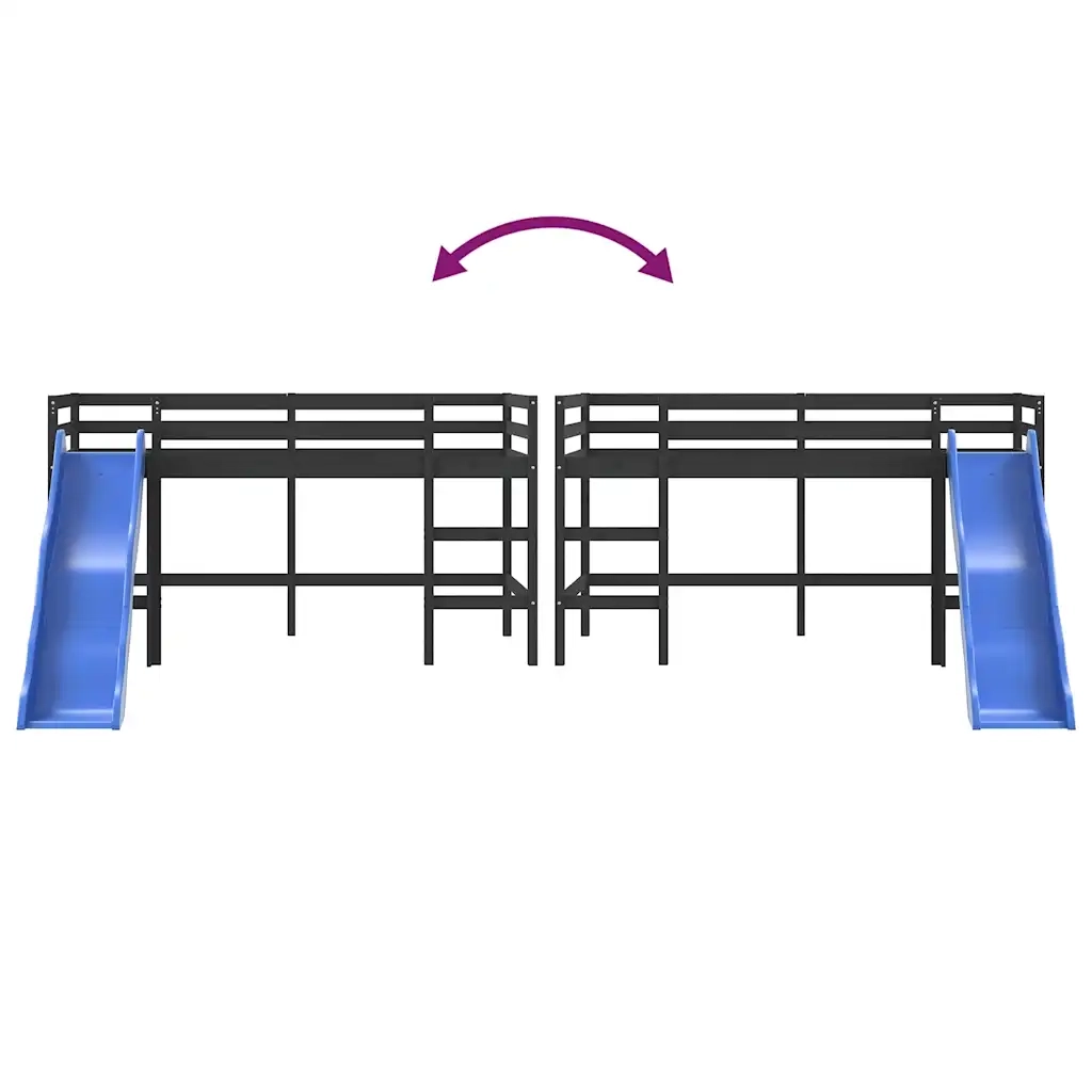 Letto Soppalco con Scivolo Bambini Nero 90x190cm Massello Pino 835912
