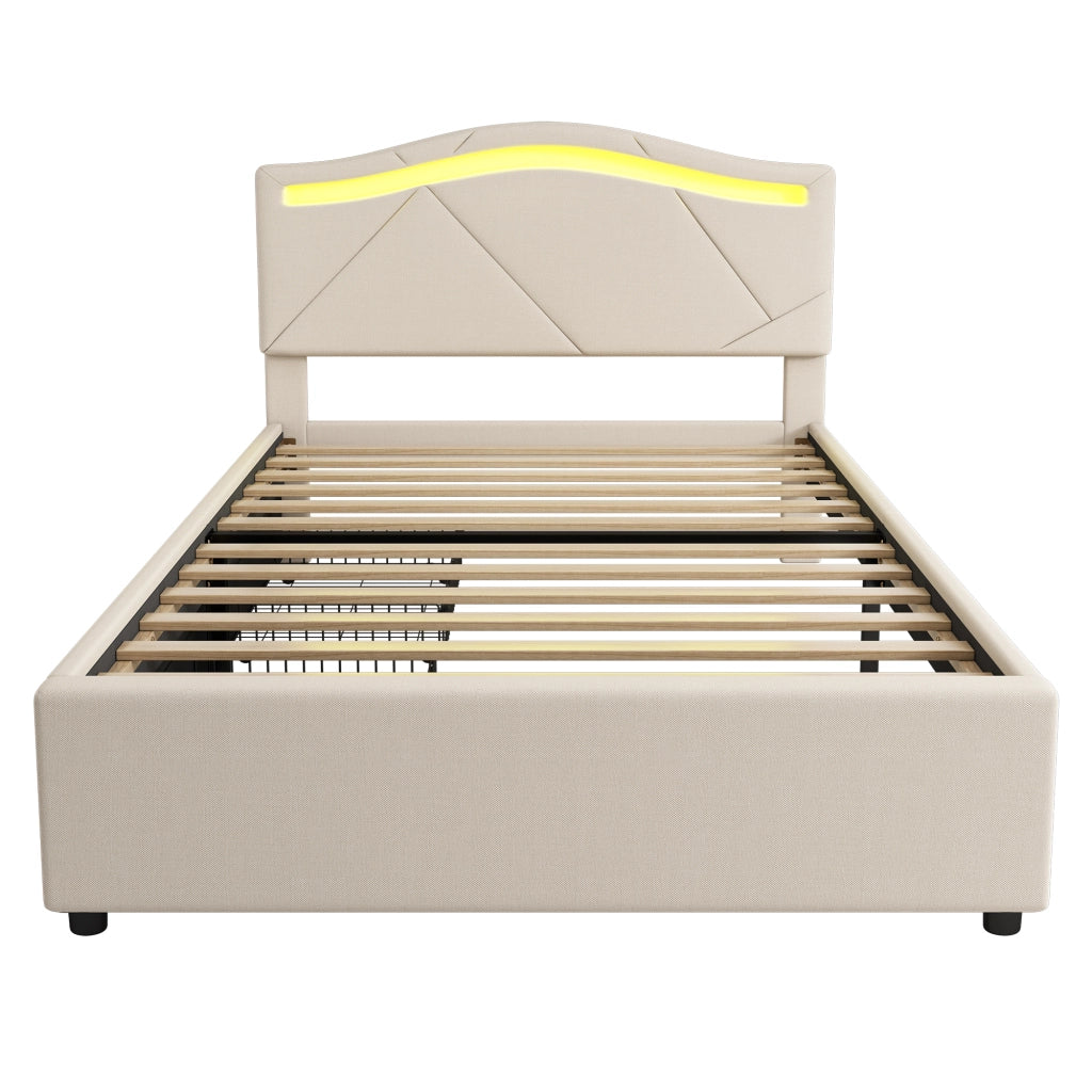 Letto imbottito 90x200 cm con rete a doghe, LED, 2 cassetti, testiera regolabile, beige