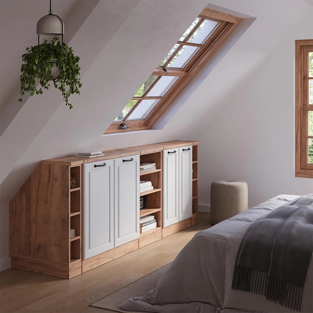 Set di mobili sottotetto Rion, Bianco casa di campagna, 210 cm Set di 5 carcasse armadio profondità 60 cm, adatto per il salvaspazio sotto tetti spioventi
