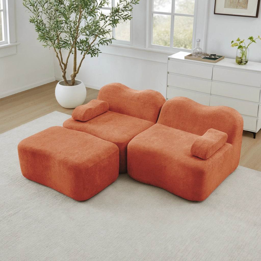 Divano angolare modulare 2 posti con pouf schienale ondulato bracciolo mobile senza montaggio in velluto arancione