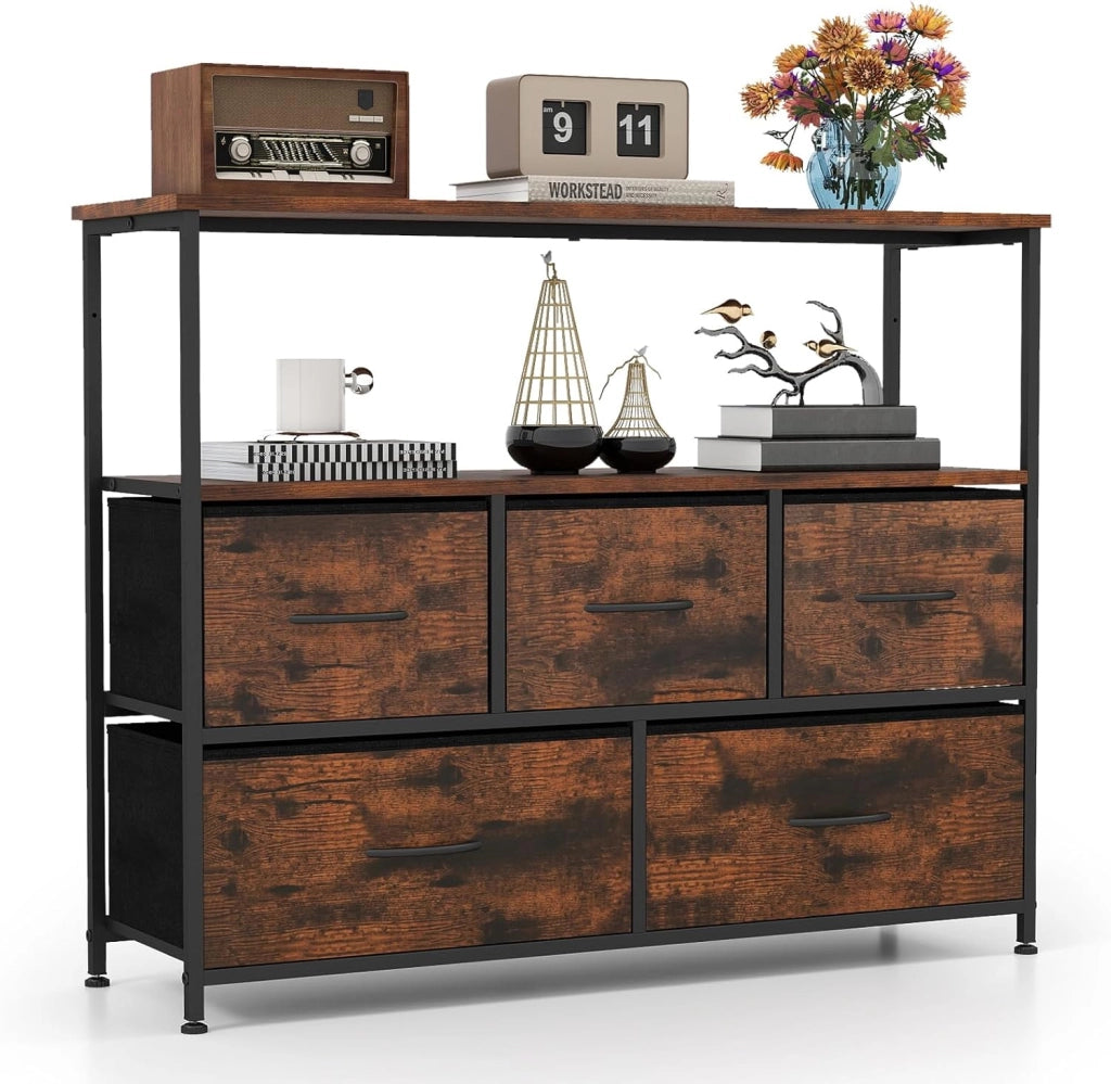 Comò con 5 Cassetti, Cassettiera con 2 Mensole Aperte in Legno e Struttura in Metallo, Unità Organizzatore per Conservazione per Ingresso e Soggiorno, 100×30×80 cm (Nero)