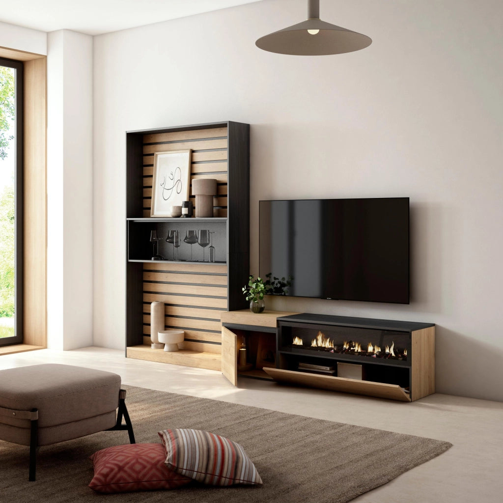 Mobile TV, Soggiorno, 260x35x186cm, Per TV fino a 65", Camino elettrico, colore Rovere e nero RF3157