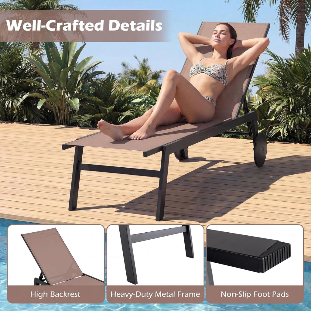 Set di 2 Sdraio da Giardino Reclinabili, Sedia da Abbronzatura Piatta in Metallo Resistente con Schienale 6 Posizioni e Tessuto Traspirante, per Bordo Piscina e Terrazza (Marrone,2)