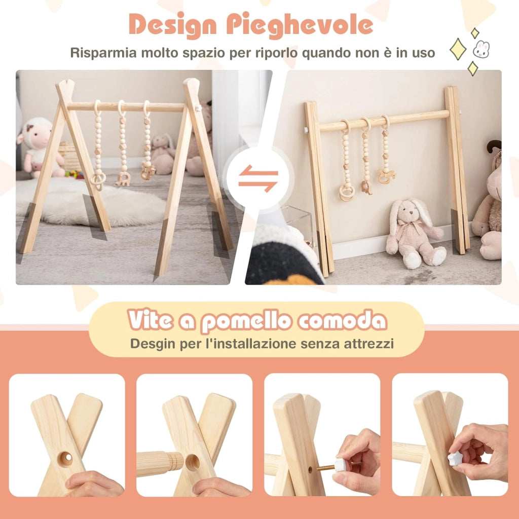Palestrina per Bambini, Palestrina con Giocattoli per Dentizione Sviluppo Cerebrale Stimolazione Sensoriale, Pieghevole, in Legno, per Bambini 3+ Mesi (Naturale(1))
