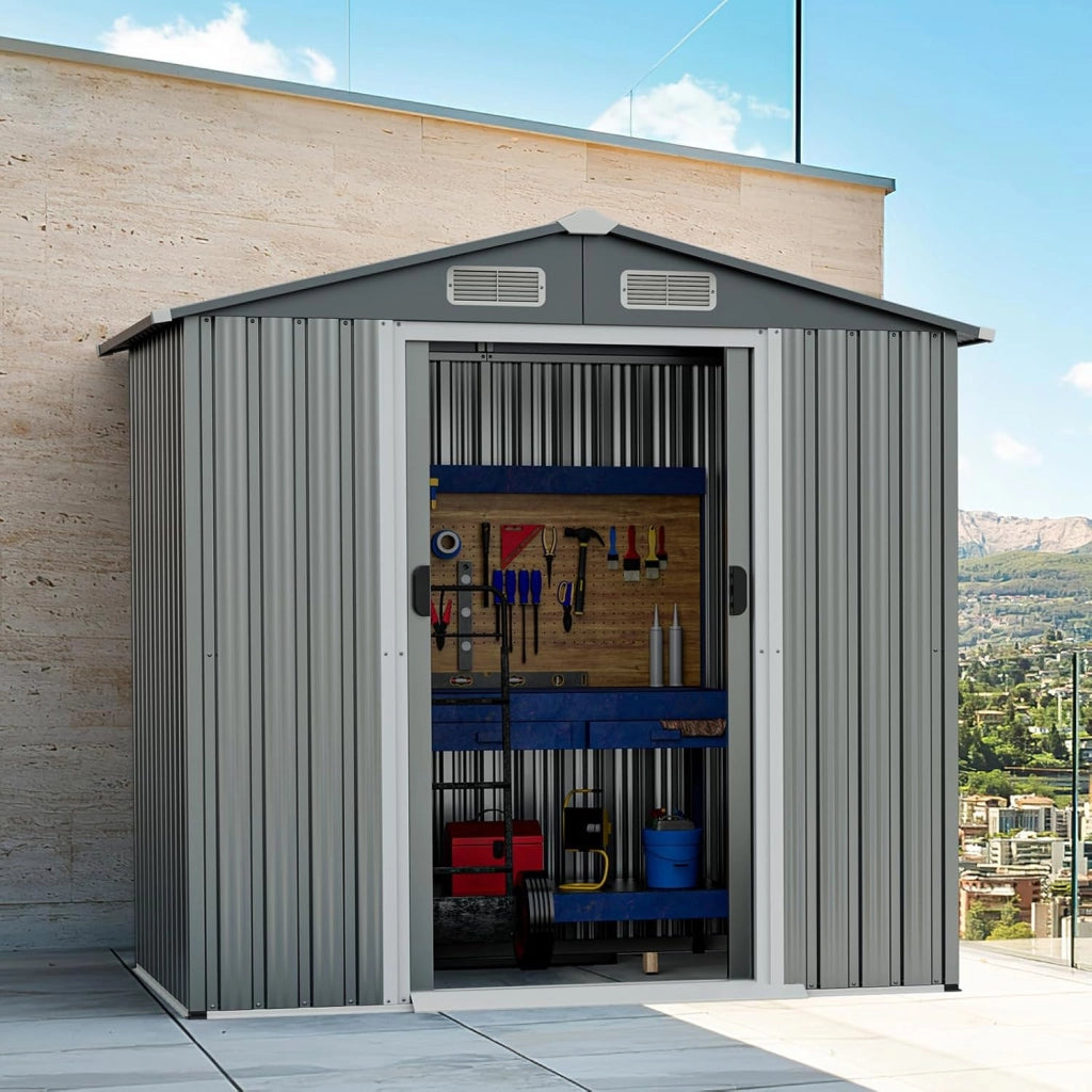 Capanno da Giardino 2,34㎡, Casetta Porta Attrezzi da Esterno in Metallo Zincato Resistente alle Intemperie, con 4 Prese d'Aria, Porte Scorrevoli con Serratura, Rampa e Guanti