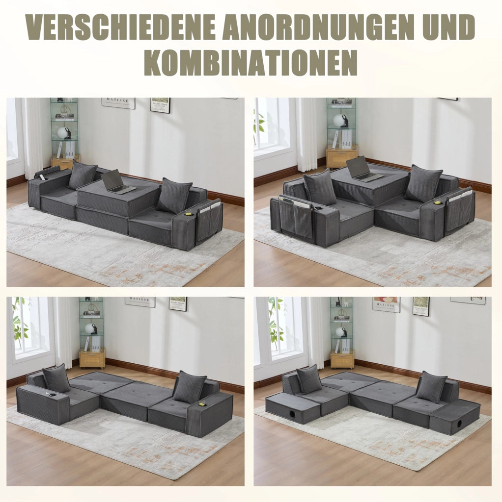 Pouf sofa modulare grigio scuro in velluto a coste con cuscini e tasche laterali