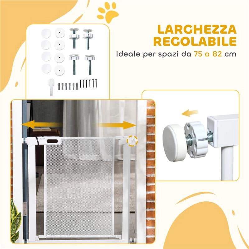 CANCELLINO PER CANI REGOLABILE CON CHIUSURA AUTOMATICA, ACCIAIO E ABS, 75-82X76 CM, BIANCO