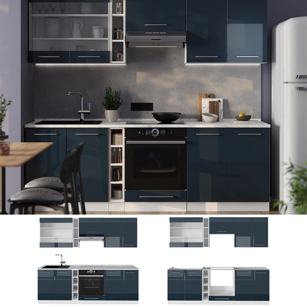 Mobile da cucina Fame-Line Blu scuro lucido/Bianco 235 cm, PL Antracite Vicco