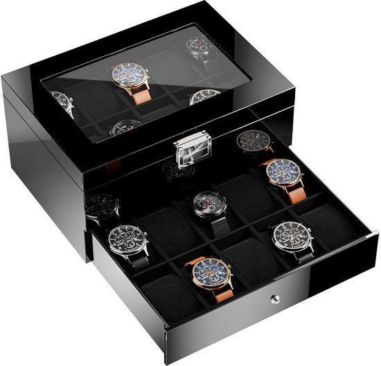 Cassa orologio in legno per uomini, 20 contenitori, grande organizzatore orologio, scatola di presentazione a doppia faccia gelata per orologi da polso - nero