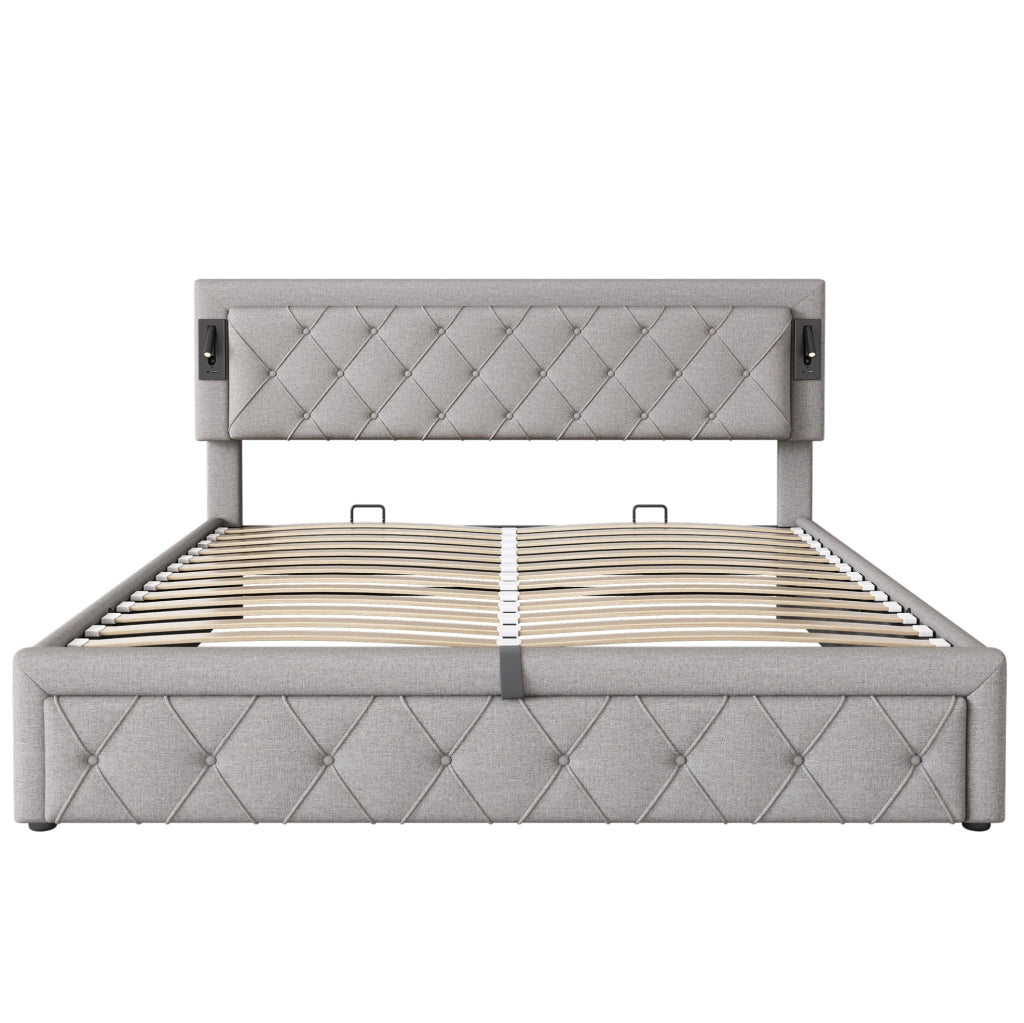 Letto 180x200 cm con contenitore idraulico, LED e USB, rivestito in lino grigio